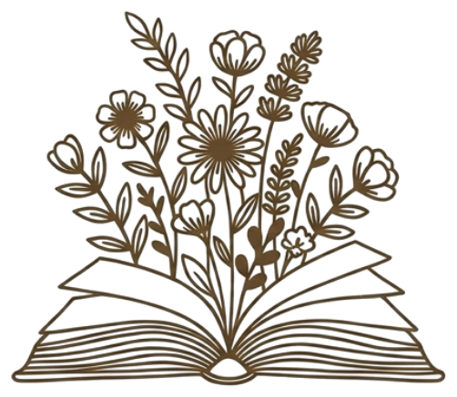 Mrs. P Creations mark — wildflowers growing from an open book