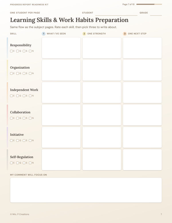 Kit page 7: the learning skills and work habits page