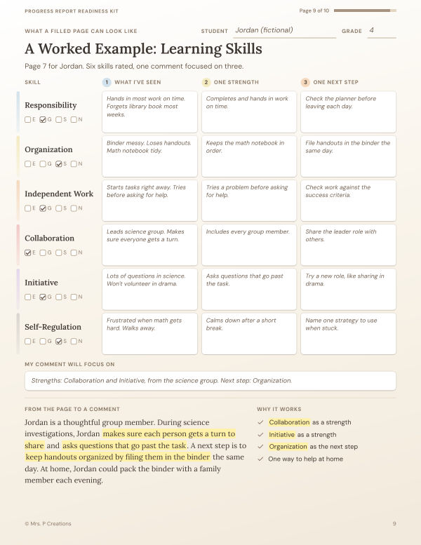 Kit page 9: a filled learning skills example for a fictional student